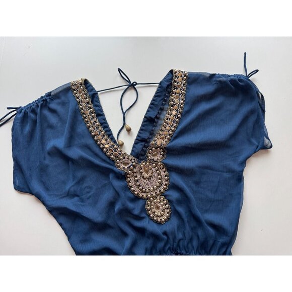 YEMANJA IBIZA Navy Beaded Beaded Embellished Sheer Crepon Cover-Up, One Size - Picture 6 of 12